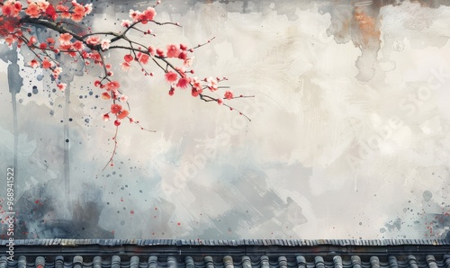 White wall, plum blossom branch hanging on the eaves of an ancient building in Jiangnan water town, poster design, watercolor style
