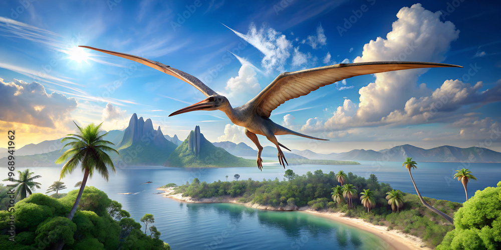 Obraz premium Dinosaur Queztacoatus is flying around the island on a sunny day.