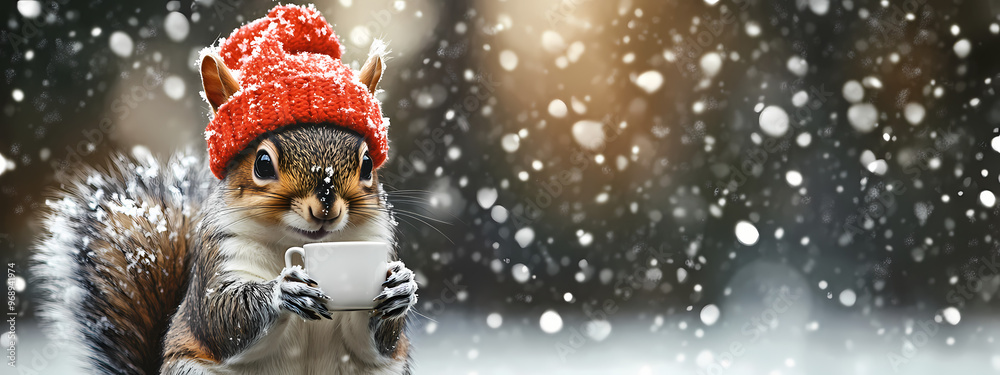 Winter Squirrel with a Hot Drink Winter Squirrel with a Hot Drink