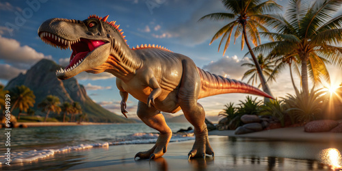 Dinosaur Giganotosaurus is walks around the island on a sunny day.