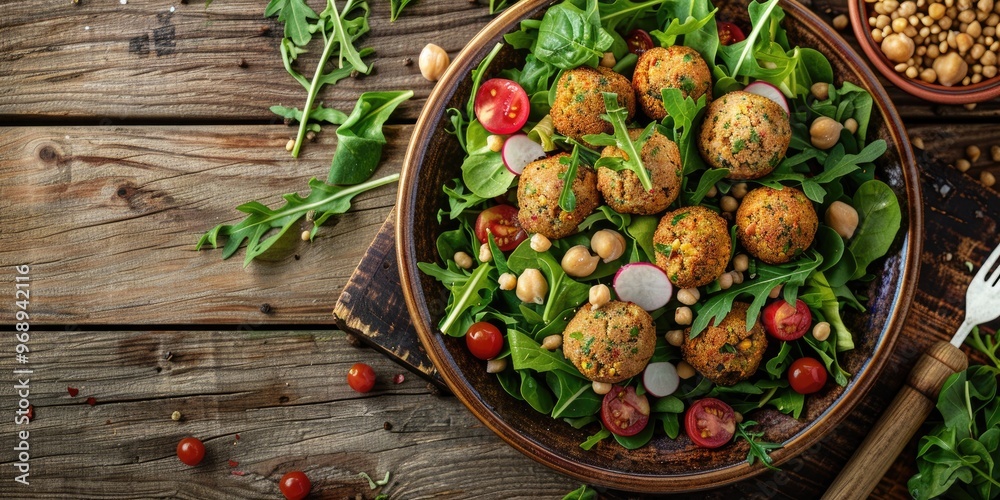 Fresh green salad with chickpea falafel in a bowl on a rustic wooden counter Fresh green salad with chickpea falafel in a bowl on a rustic wooden counter
