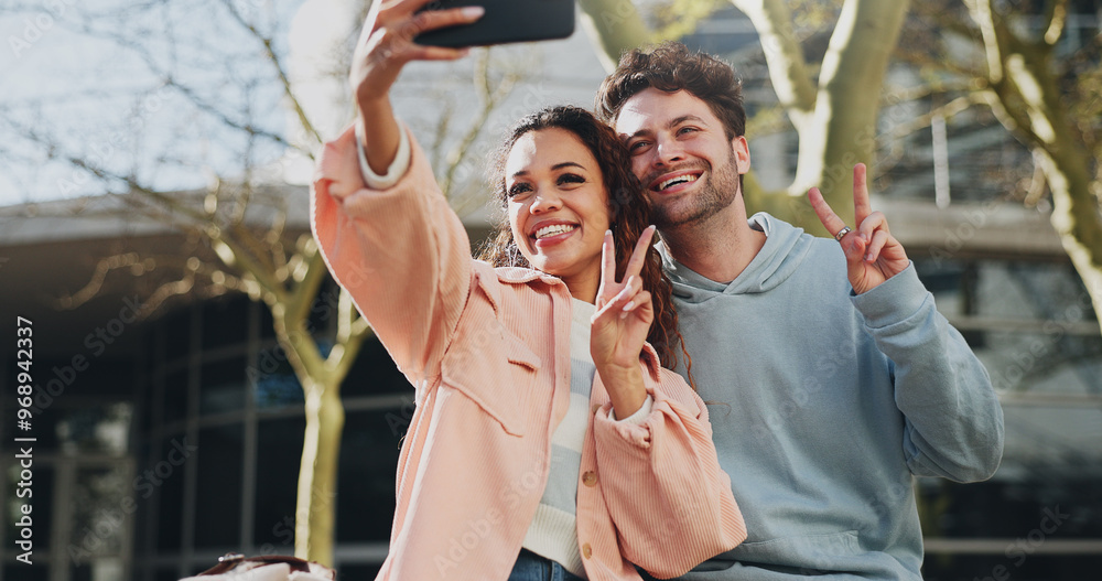 Happy couple, students and selfie with peace sign for photography, picture or memory at campus. Young, man and woman with smile, emoji or gesture for moment, capture or friendship at university Happy couple, students and selfie with peace sign for photography, picture or memory at campus. Young, man and woman with smile, emoji or gesture for moment, capture or friendship at university