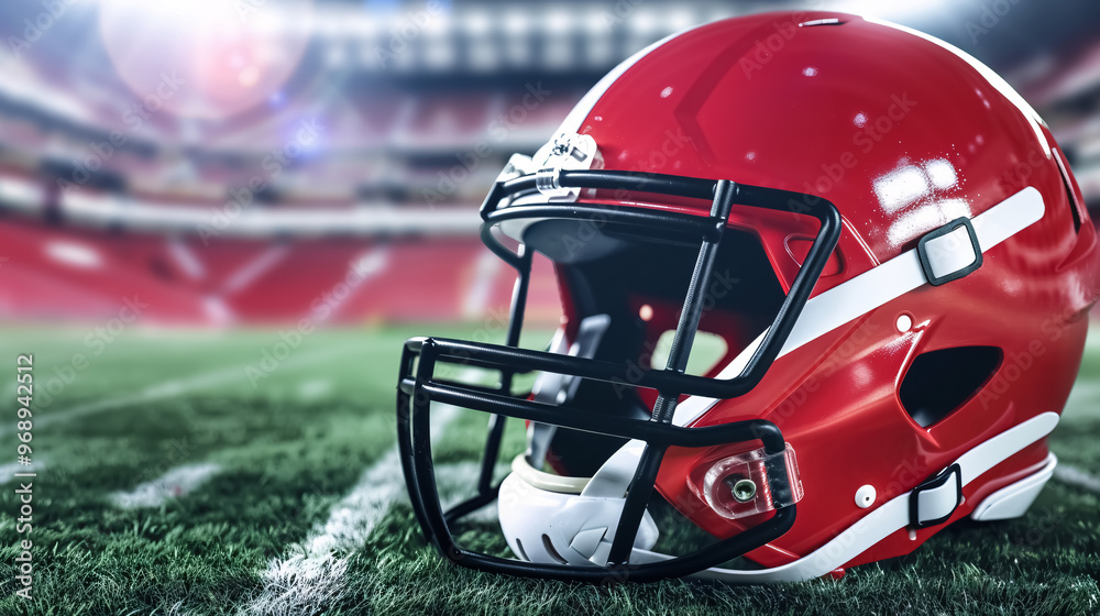 Naklejka premium A red American football helmet set against the backdrop of an American football stadium.