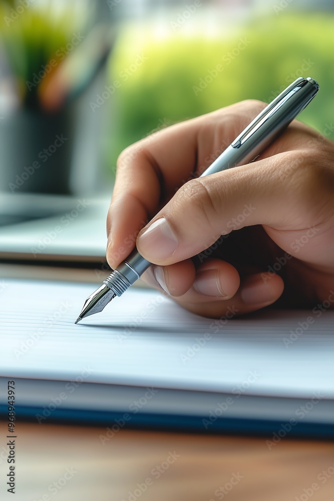 Writing in Notebook with Silver Pen on Desk Near Window Writing in Notebook with Silver Pen on Desk Near Window