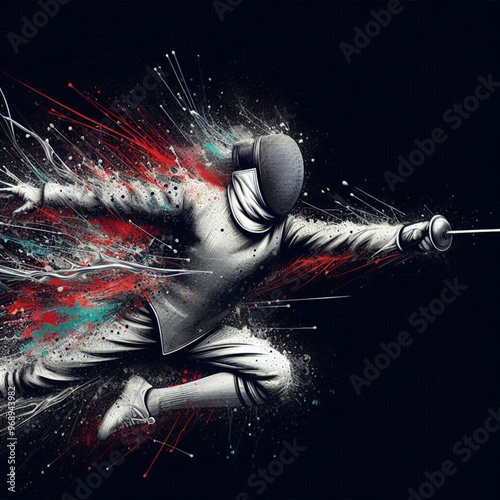 Fencing athlete in dynamic motion with explosive colorful splashes

