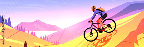 Cyclist riding mountain bike on scenic trail with hills and mountains in the background vibrant colors outdoor adventure