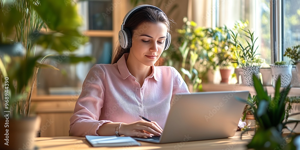Focused Woman Working on Laptop with Headphones in a Green Home Office Focused Woman Working on Laptop with Headphones in a Green Home Office