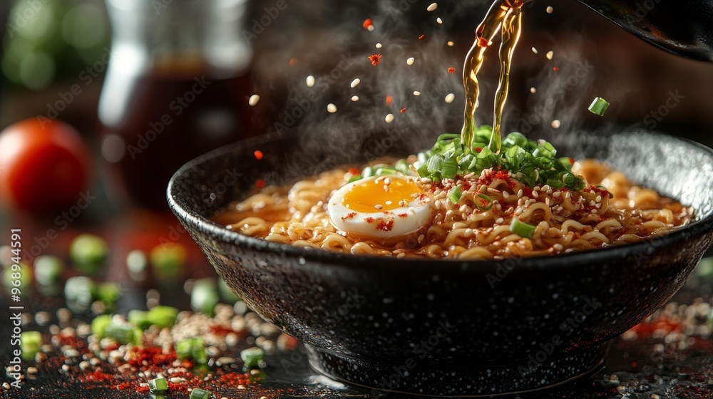 Steaming Hot Ramen Bowl with Egg and Toppings Generative AI Steaming Hot Ramen Bowl with Egg and Toppings Generative AI