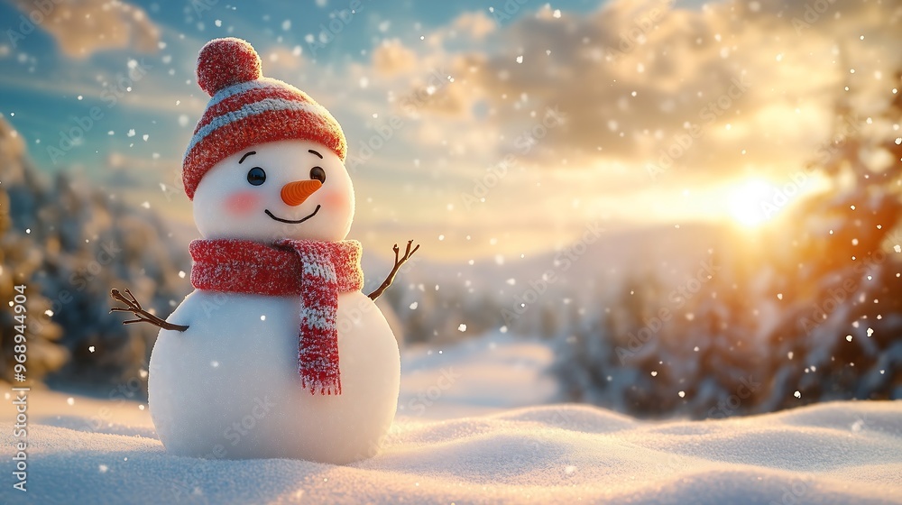 Fototapeta premium An adorable snowman in a snowy field, wearing a cozy hat and scarf