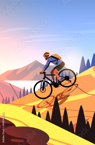 Mountain biking adventure cyclist riding downhill vibrant landscape nature outdoor activity scenic background template