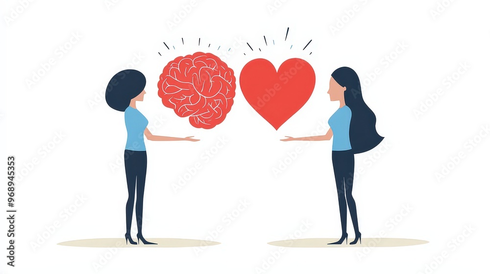 Two women facing each other, holding symbols of brain and heart, representing choice between logic and emotion in decision-making process. Two women facing each other, holding symbols of brain and heart, representing choice between logic and emotion in decision-making process.