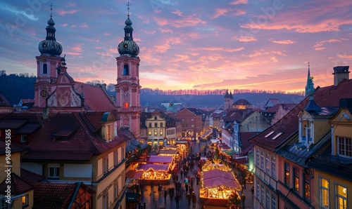 View of Christmas market and Maria Chappel in Oberer Markt at dusk, Wurzburg, Bavaria, Germany