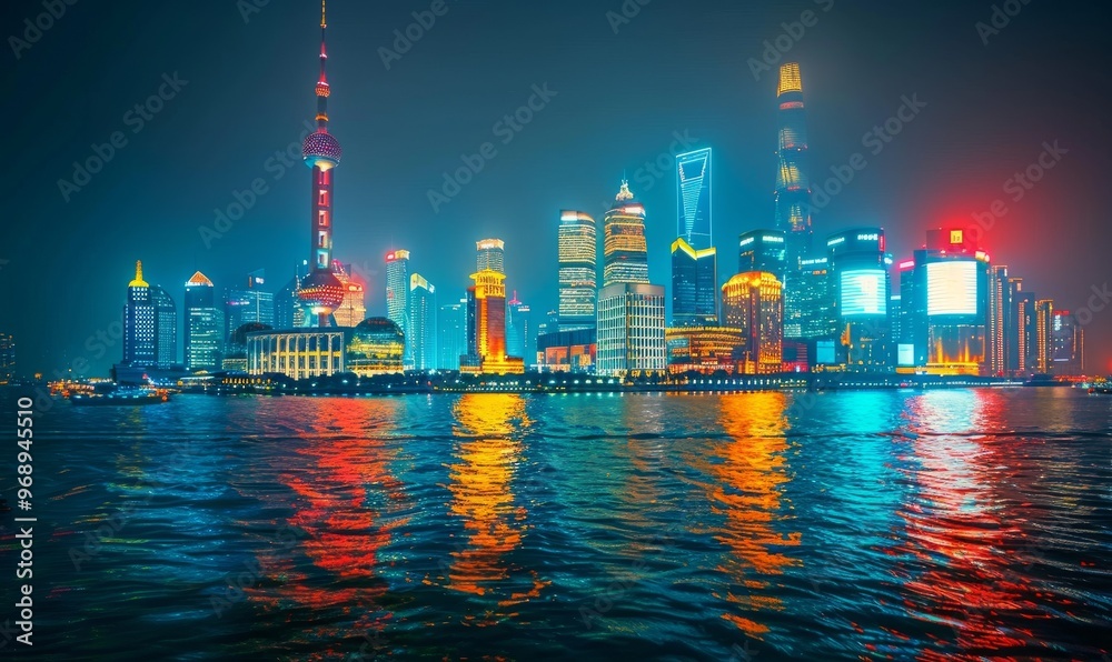 Fototapeta premium View of Shanghai skyline at night, view of the financial district along the Huangpu River, China.