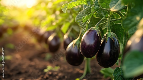 Wallpaper Mural Closeup of fresh eggplants hanging from green plants, sunlit in a field Torontodigital.ca