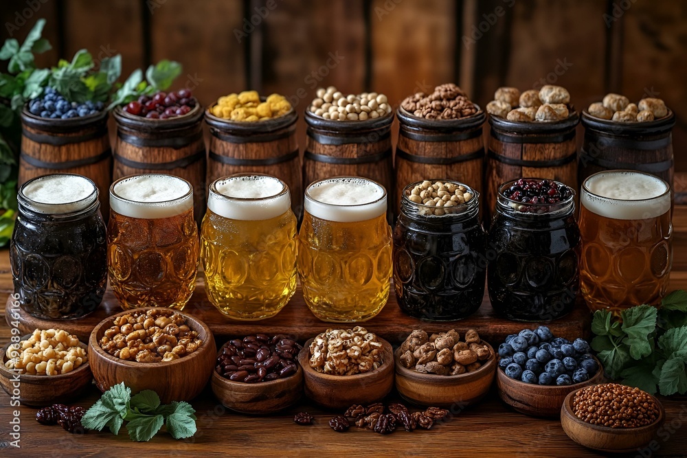 a group of glasses of beer and nuts. a group of glasses of beer and nuts.
