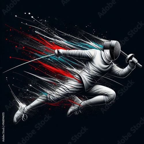 Fencing athlete in dynamic motion with explosive colorful splashes

