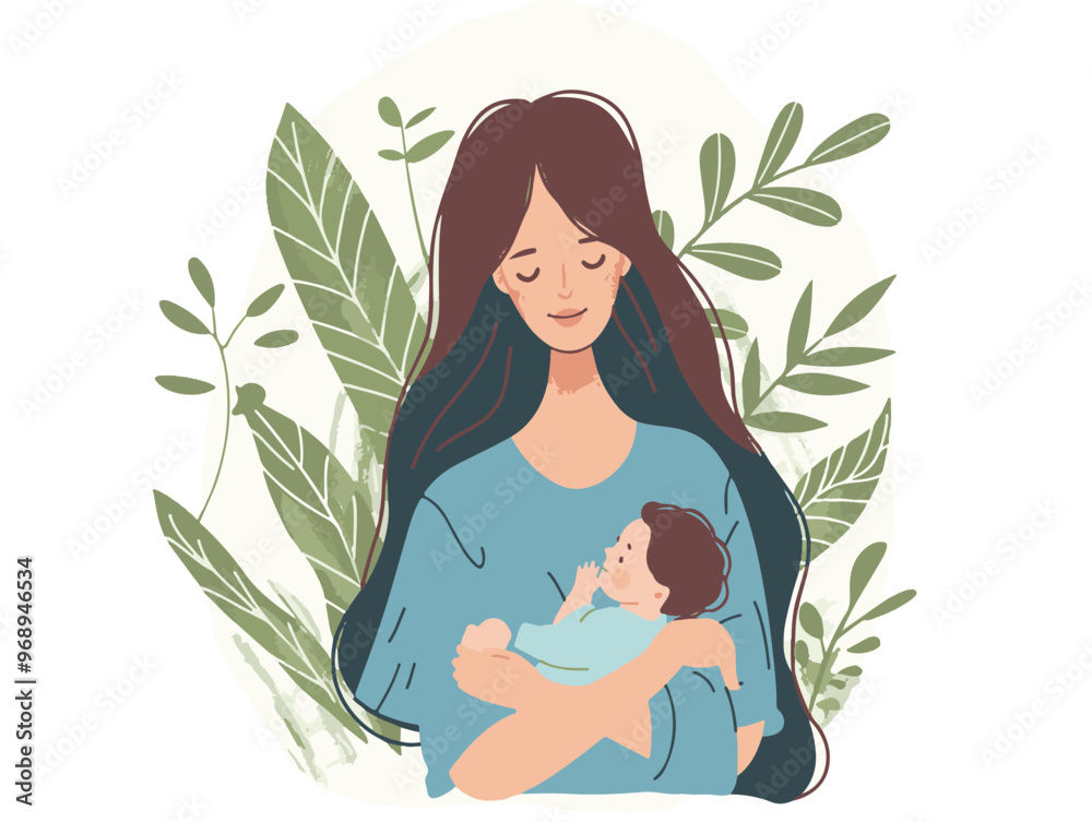 A flat vector illustration of A long-haired woman in holding her baby, white background A flat vector illustration of A long-haired woman in holding her baby, white background
