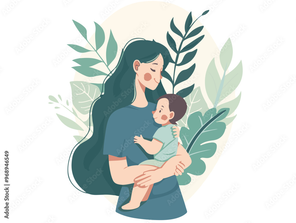 A flat vector illustration of A long-haired woman in holding her baby, white background A flat vector illustration of A long-haired woman in holding her baby, white background