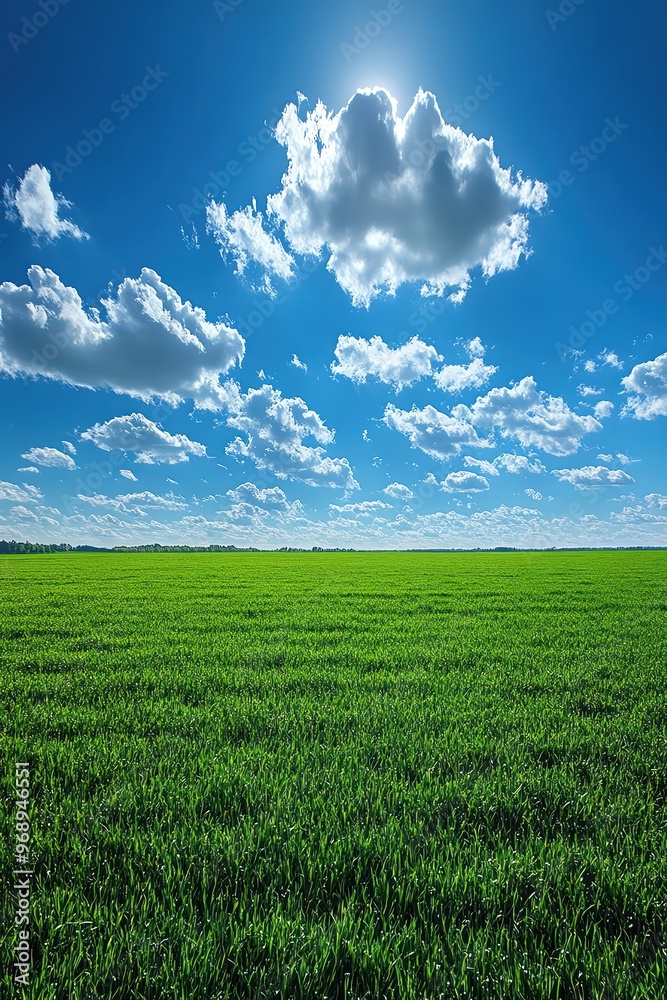 Expansive green field under a bright blue sky with scattered clouds Expansive green field under a bright blue sky with scattered clouds