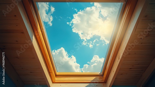  Clear blue sky with scattered clouds is visible through a square skylight, filling the wooden-framed ceiling with bright natural light.