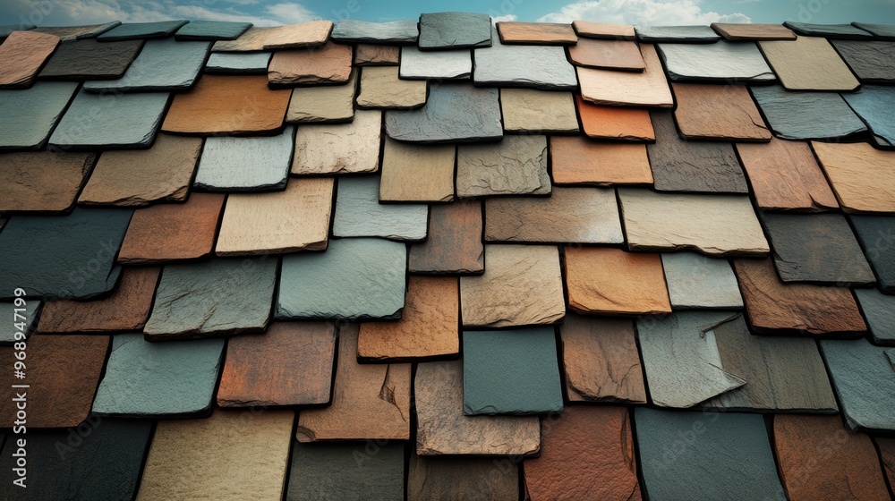 A roof made of many different colored tiles with a blue sky in the background, AI A roof made of many different colored tiles with a blue sky in the background, AI