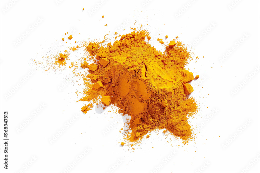 Turmeric powder pile scattered isolated on white background, flying Turmeric powder pile scattered isolated on white background, flying
