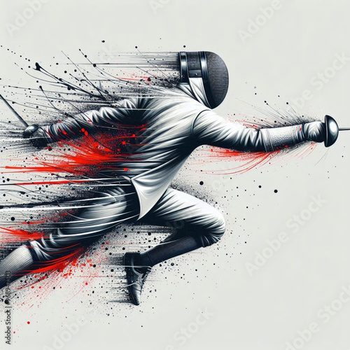 Fencing athlete in dynamic motion with explosive colorful splashes


