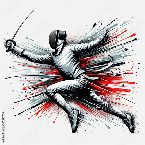 Fencing athlete in dynamic motion with explosive colorful splashes

