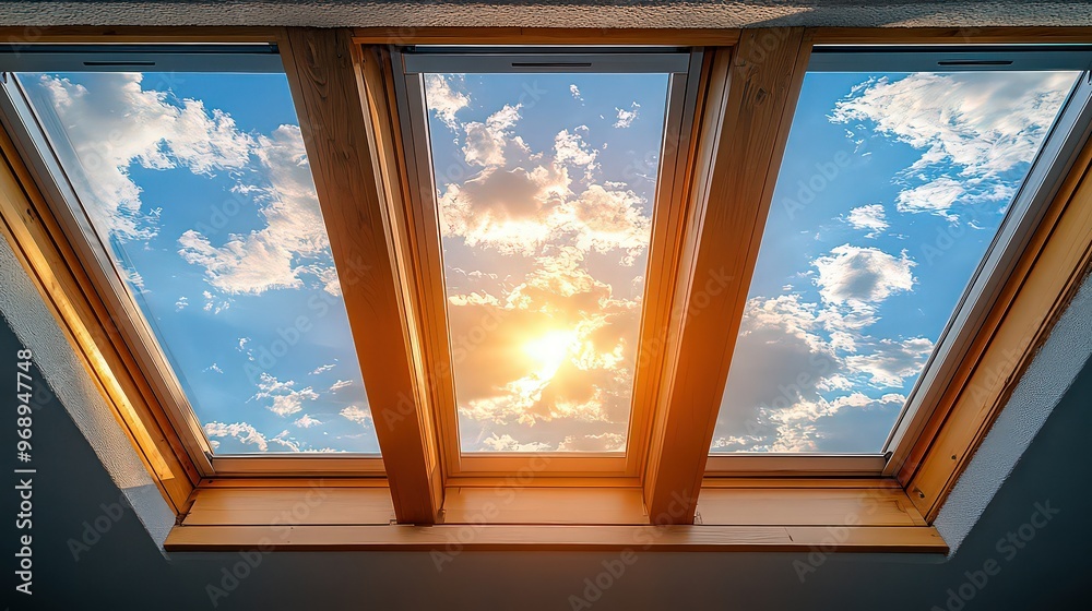 Fototapeta premium Three skylights frame a stunning sunset with scattered clouds, allowing warm sunlight to fill the room and create a serene atmosphere.