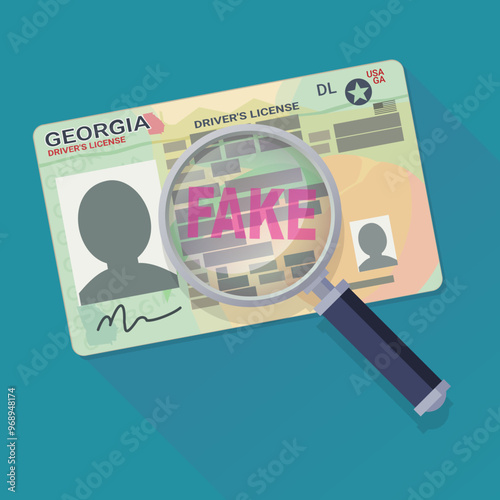 Georgia driver's license with a magnifying glass with Fake written inside in flat design style