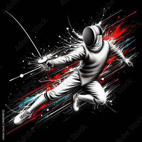 Fencing athlete in dynamic motion with explosive colorful splashes

