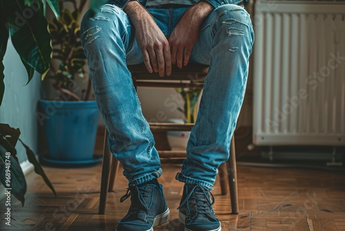 A man in jeans sitting on a chair and touching his leg photo