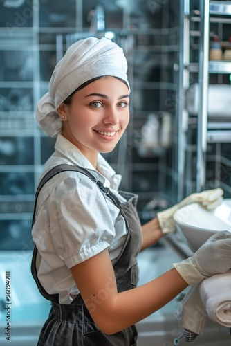 A Please chamberlain in uniform and disposable gloves photo