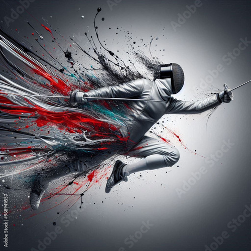 Fencing athlete in dynamic motion with explosive colorful splashes

