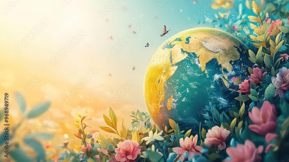 Naklejka premium Earth cradled in flowers and butterflies, symbolizing harmony between nature and planet. Hopeful vision of environmental care and sustainability.