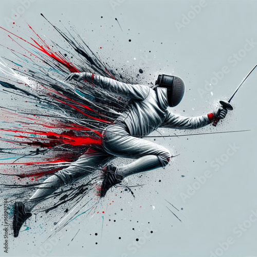 Fencing athlete in dynamic motion with explosive colorful splashes


