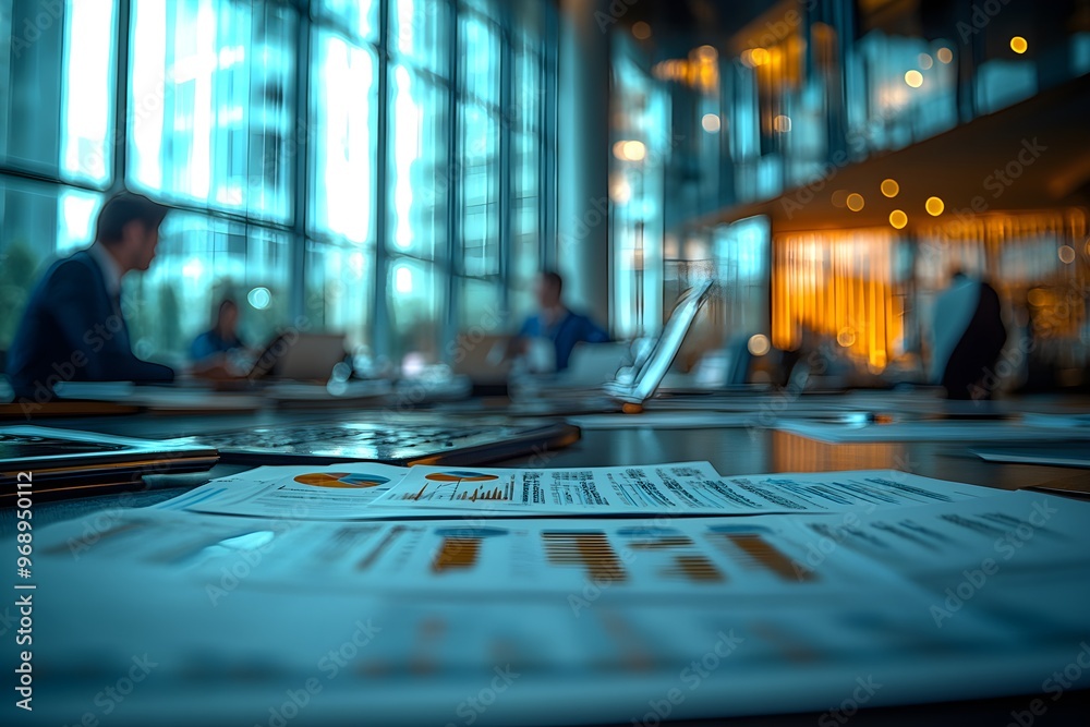 Close-up shot of various data documents lying on a table in an open office. Close-up shot of various data documents lying on a table in an open office.