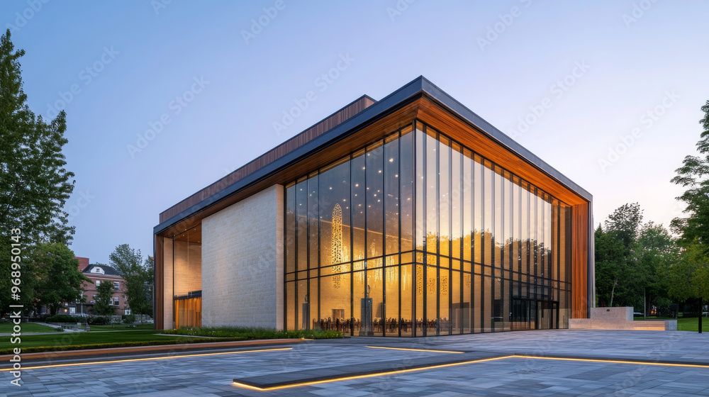 Contemporary synagogue with a bold, modern exterior, featuring a mix of glass, wood, and steel, with religious symbols subtly integrated into the design Contemporary synagogue with a bold, modern exterior, featuring a mix of glass, wood, and steel, with religious symbols subtly integrated into the design