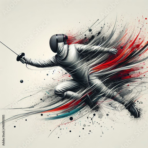 Fencing athlete in dynamic motion with explosive colorful splashes

