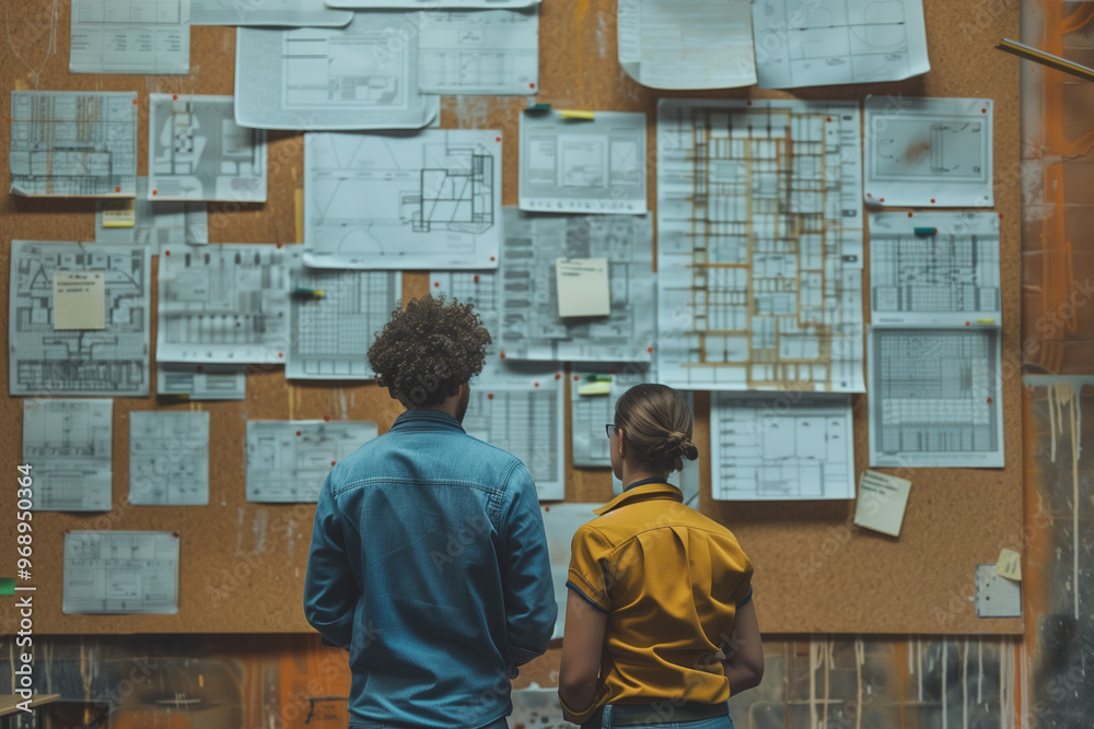 Two factory workers examining detailed blueprints pinned on a corkboard discussing important aspects of the technical drawings in an industrial setting Two factory workers examining detailed blueprints pinned on a corkboard discussing important aspects of the technical drawings in an industrial setting