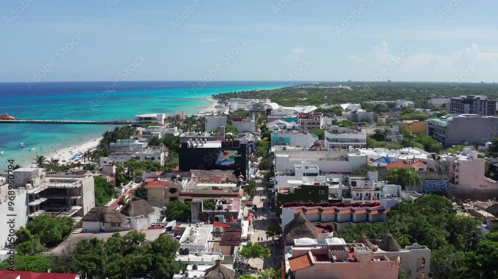 Aerial wide shot flying over La Quinta Avenida in Playa del Carmen, Mexico. 4K Aerial wide shot flying over La Quinta Avenida in Playa del Carmen, Mexico. 4K