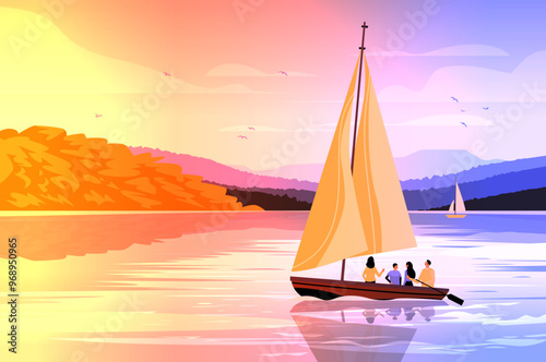 Sailing boat with people on calm water during sunset with colorful sky and distant hills serene landscape