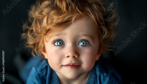 A toddler with big blue eyes and curly blonde hair looks directly into the camera. Portrait of a young toddler with bright blue eyes and curly blonde hair 