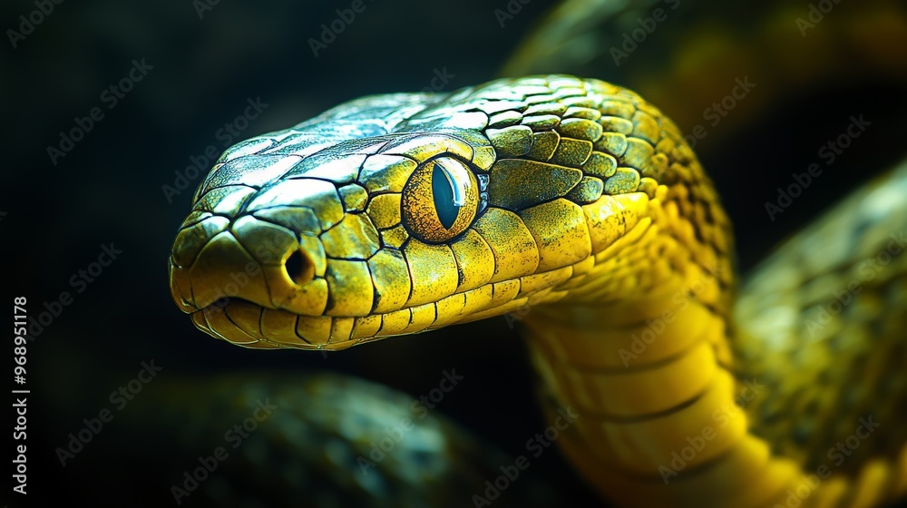 Closeup Portrait of an Emerald Green and Yellow Snake with Intense, Captivating Eyes in the Dark Closeup Portrait of an Emerald Green and Yellow Snake with Intense, Captivating Eyes in the Dark