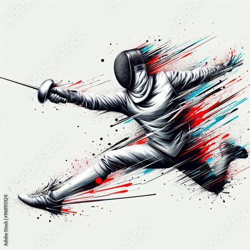 Fencing athlete in dynamic motion with explosive colorful splashes

