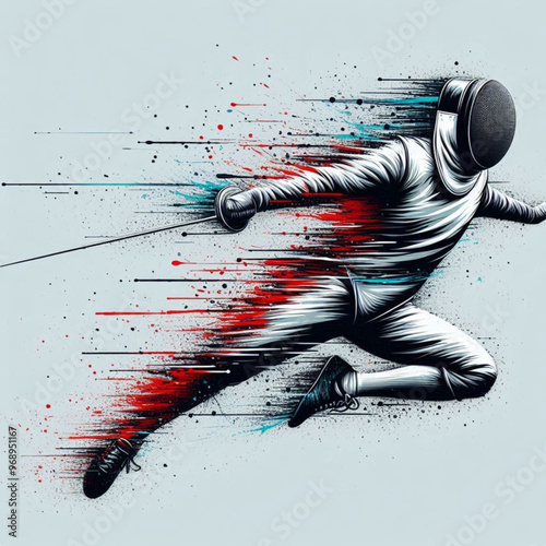 Fencing athlete in dynamic motion with explosive colorful splashes

