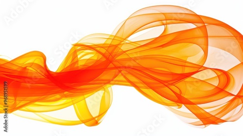 A vibrant abstract design featuring flowing orange and yellow waves on a white background.