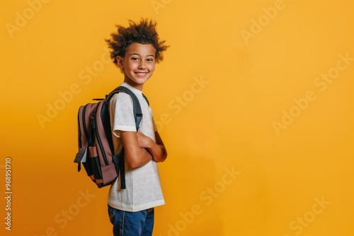 Portrait of smiling schoolboy with school bag isolated on light yellow background