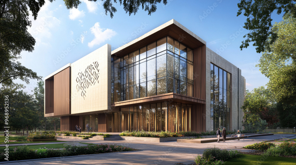 Fototapeta premium Contemporary synagogue with a bold, modern exterior, featuring a mix of glass, wood, and steel, with religious symbols subtly integrated into the design
