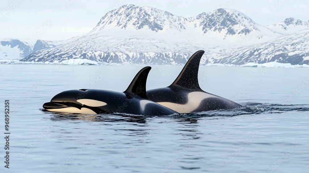 Obraz premium Two orcas, also known as killer whales, swim in the icy waters of the Antarctic, with a snowy mountain range in the background.